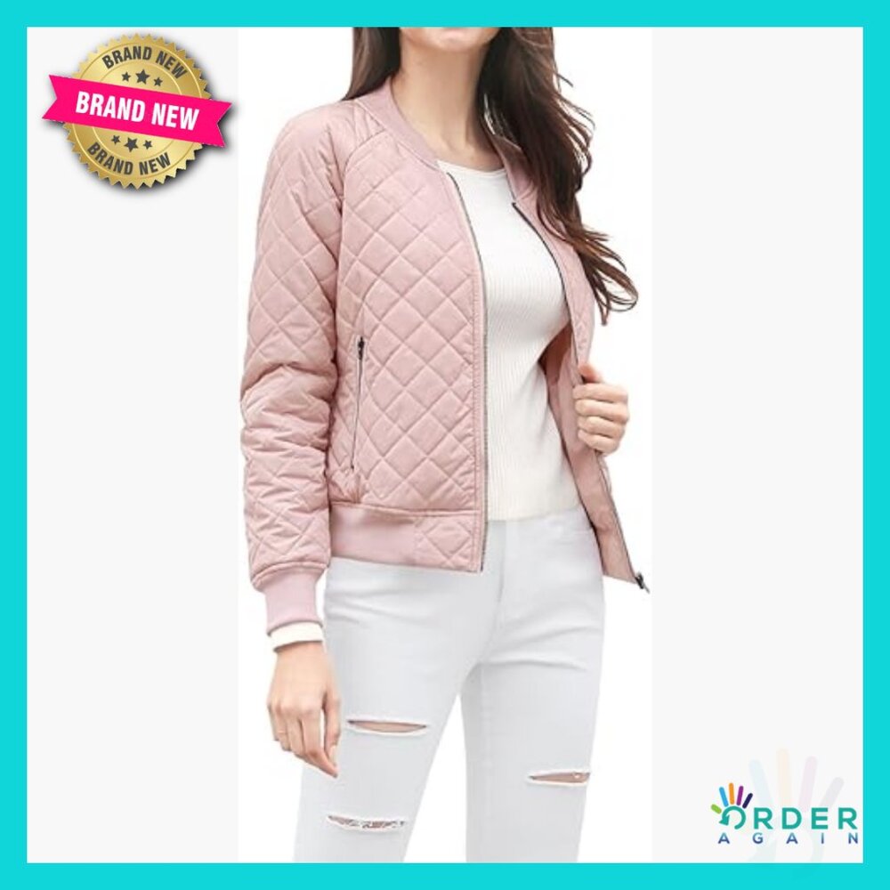 Quilted Bomber Jacket Long Sleeve Zip Up Raglan Lightweight Chic